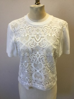 Womens, Top, ALC, White, Silk, Lycra, Novelty Pattern, 6, Tee Shirt Like Top, Crew Neck, Short Sleeves, Lace Front with Heart Shapes