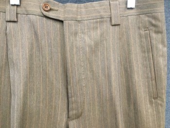 Mens, Suit, Pants, ZILLIONI, Brown, Red-Orange, Wool, Stripes - Vertical , 31/32, Pleated, Zip Fly, Button Tab, 4 Pockets, Belt Loops