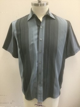 BRUNO NEW YORK, Gray, Dk Gray, Slate Gray, Polyester, Stripes - Vertical , Shades of Gray Stripes in Various Widths, Short Sleeve Button Front, Collar Attached