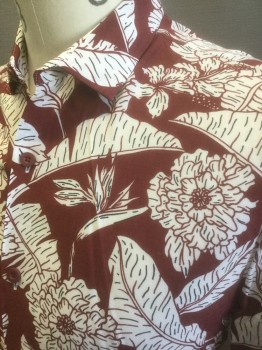 Mens, Hawaiian Shirt, TOPMAN, Dk Red, White, Black, Viscose, Hawaiian Print, Floral, S, Short Sleeve Button Front, Collar Attached, Lightweight/Sheer Material