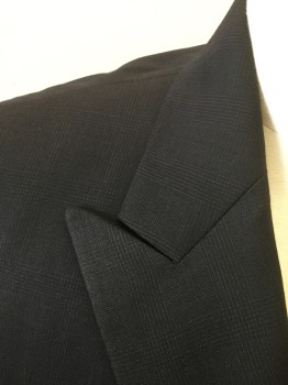 CALVIN KLEIN/MACY'S, Charcoal Gray, Dk Gray, Wool, Glen Plaid, Single Breasted, Peaked Lapel, 2 Buttons,  3 Pockets, Navy Satin Lining