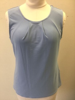 Womens, Shell, DKNY, Powder Blue, Polyester, Spandex, Solid, M, Sleeveless, Scoop Neck, Seams and Pleats Diagonally From Neckline in Starburst Formation, Pullover