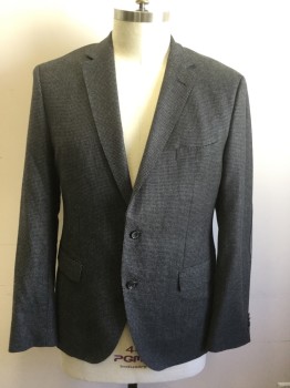 HUGO BOSS, Gray, Black, Wool, Houndstooth, Appears Charcoal, Single Breasted, Collar Attached, Notched Lapel, 3 Pockets, Solid Gray Suede Elbow Patches, Double