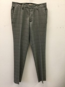 KENNETH COLE, Lt Brown, Gray, Polyester, Viscose, Plaid, Flat Front, 2 Front Slash Pockets, 2 Welted Back Pockets with Button, Zipper , Heathered