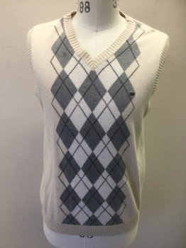 Mens, Sweater Vest, TOMMY HILFIGER, Cream, Gray, Navy Blue, Cotton, Argyle, M, Cream with Gray and Navy Argyle Pattern, Knit, Pullover V-neck, Ribbed Neck/Sleeves/Waistband
