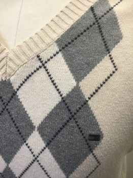 Mens, Sweater Vest, TOMMY HILFIGER, Cream, Gray, Navy Blue, Cotton, Argyle, M, Cream with Gray and Navy Argyle Pattern, Knit, Pullover V-neck, Ribbed Neck/Sleeves/Waistband