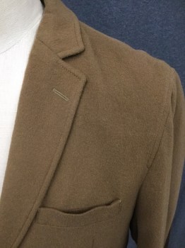 CREMIEUX, Camel Brown, Wool, Solid, Single Breasted, Felted Wool, Collar Attached, Notched Lapel, 3 Pockets, Dark Brown Suede Elbow Patches