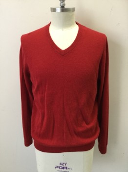 Mens, Pullover Sweater, NORDSTROM, Red, Cashmere, Solid, L, Ribbed Knit V-neck, Ribbed Knit Waistband/Cuff, Double