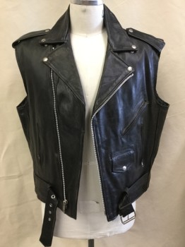 Mens, Leather Vest, XELEMENT , Black, Leather, Polyester, Solid, 48-50, (4 of Them:  44, 46, 48-50, 52) (aged/distressed) Black Leather, Black Quilt Lining, Motorcycle Style, Collar Attached with Silver Snap, Epaulettes, Off Side Zip Front, 4 Pockets, Belt Front Bottom with Metal Buckle, Orange/yellow/green Dog Face Design with " the VICIOUS CYCLES, NEW YORK" in the Back
