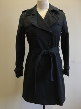 Womens, Coat, Trenchcoat, HOBBS, Black, Cotton, Elastane, Solid, 8, Double Breasted, Collar Attached, Welt Pocket, Epaulets, Belted Cuffs, Cape Flap Back and Front