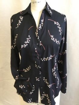 ANN TAYLOR, Black, Beige, Mauve Pink, Polyester, Floral, V-neck with Collar Attached, Button Front, Long Sleeves, Curved Hem