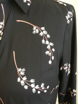 ANN TAYLOR, Black, Beige, Mauve Pink, Polyester, Floral, V-neck with Collar Attached, Button Front, Long Sleeves, Curved Hem