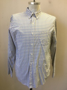 J. CREW, White, Lt Yellow, French Blue, Cotton, Grid , Button Front, Collar Attached, Button Down Collar, Long Sleeves