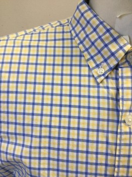 J. CREW, White, Lt Yellow, French Blue, Cotton, Grid , Button Front, Collar Attached, Button Down Collar, Long Sleeves
