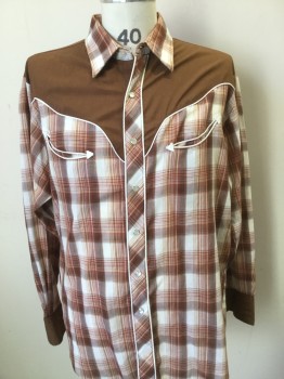 Mens, Western, WESTERM, White, Rust Orange, Brown, Paprika Red, Cotton, Plaid, XL, Pearl Button Snap Front, Collar Attached, White Piping Detail, Slit Pockets, Long Sleeves,