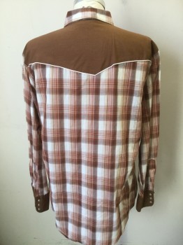 Mens, Western, WESTERM, White, Rust Orange, Brown, Paprika Red, Cotton, Plaid, XL, Pearl Button Snap Front, Collar Attached, White Piping Detail, Slit Pockets, Long Sleeves,