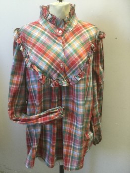 LUCKY ME, Multi-color, Red, Orange, Green, Lt Blue, Polyester, Cotton, Plaid, Long Sleeves, Pullover, Yoke with Ruffle, Band Collar with Ruffle. Elastic at Wrists