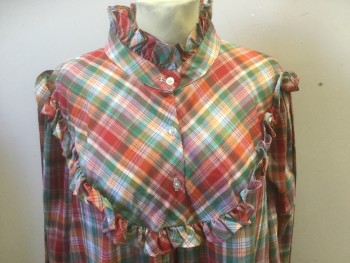 LUCKY ME, Multi-color, Red, Orange, Green, Lt Blue, Polyester, Cotton, Plaid, Long Sleeves, Pullover, Yoke with Ruffle, Band Collar with Ruffle. Elastic at Wrists