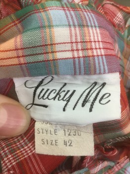 LUCKY ME, Multi-color, Red, Orange, Green, Lt Blue, Polyester, Cotton, Plaid, Long Sleeves, Pullover, Yoke with Ruffle, Band Collar with Ruffle. Elastic at Wrists