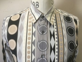 GUCCI, Lt Gray, Taupe, Black, Ecru, Cotton, Geometric, Novelty Pattern, Long Sleeves, Button Front, Collar Attached, Shapes in Vertical Stripes, Gray Pearl Buttons - a Few are Chipped