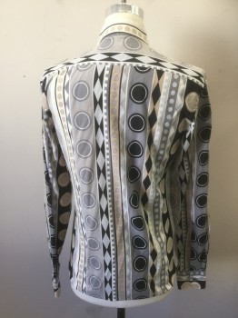 GUCCI, Lt Gray, Taupe, Black, Ecru, Cotton, Geometric, Novelty Pattern, Long Sleeves, Button Front, Collar Attached, Shapes in Vertical Stripes, Gray Pearl Buttons - a Few are Chipped