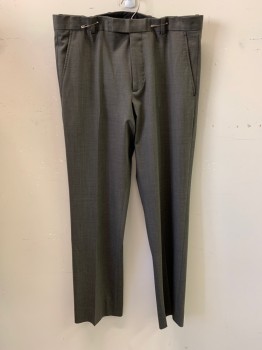 Mens, Slacks, THEORY, Brown, Black, Wool, Lycra, 2 Color Weave, 33, 32, Side Pockets, Zip Front, Flat Front, 2 Welt Pockets with Buttons on Bacl