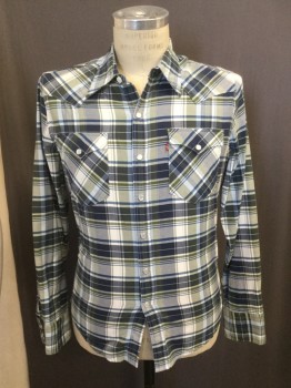 LEVI'S, White, Teal Blue, Olive Green, Navy Blue, Cotton, Plaid, Snap Front, Long Sleeves, Collar Attached,