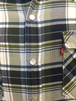 LEVI'S, White, Teal Blue, Olive Green, Navy Blue, Cotton, Plaid, Snap Front, Long Sleeves, Collar Attached,