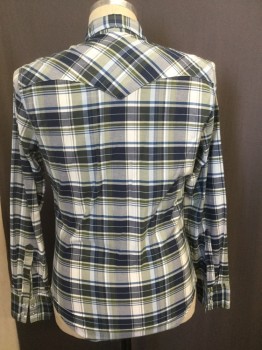 Mens, Western, LEVI'S, White, Teal Blue, Olive Green, Navy Blue, Cotton, Plaid, S, Snap Front, Long Sleeves, Collar Attached,