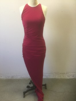 ROBERTO CAVALLI, Fuchsia Pink, Viscose, Spandex, Solid, Stretchy Material, Sleeveless, Round Neck,  Ruched at Side with Sequinned and Beaded Detail at Side and Back Shoulders, Open Back, Floor Length