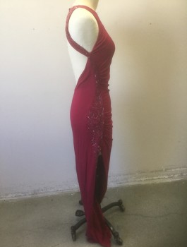 ROBERTO CAVALLI, Fuchsia Pink, Viscose, Spandex, Solid, Stretchy Material, Sleeveless, Round Neck,  Ruched at Side with Sequinned and Beaded Detail at Side and Back Shoulders, Open Back, Floor Length