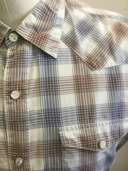 Mens, Western, LEVI'S, Off White, Brown, Slate Blue, Cotton, Plaid-  Windowpane, M, Off White Background with Brown & Slate Blue Windowpane, Short Sleeves, Snap Front, Collar Attached, White and Silver Snaps, 2 Pockets with Snap Closures, Western Style Yoke **Has Been Altered (Taken In) at Sides