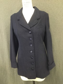 MTO, Navy Blue, Wool, Solid, 7 Satin Covered Button Closure at Front, Notched Lapel, 1 Welt Pocket, Cuffs on Sleeves,