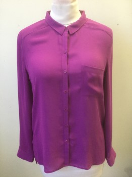 TROUVE, Magenta Pink, Polyester, Solid, Sheer Chiffon, Long Sleeve Button Front, Rounded Collar Attached, 1 Patch Pocket, Oversized
