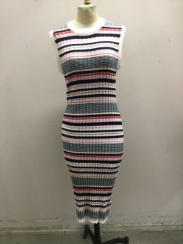 Womens, Dress, Sleeveless, CUPCAKES & CASHMERE, Off White, Navy Blue, Pink, Brick Red, Pink, Acrylic, Stripes, M, Ribbed Knit Stretch, Solid Off White Ribbed Knit Crew Neck/armholes, Overlocked Hem, Hem Below Knee