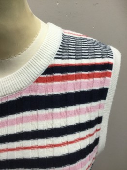 Womens, Dress, Sleeveless, CUPCAKES & CASHMERE, Off White, Navy Blue, Pink, Brick Red, Pink, Acrylic, Stripes, M, Ribbed Knit Stretch, Solid Off White Ribbed Knit Crew Neck/armholes, Overlocked Hem, Hem Below Knee