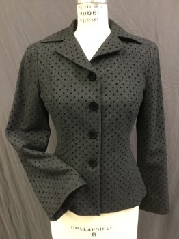 Womens, Blazer, NANETTE LEPORE, Charcoal Gray, Black, Wool, Synthetic, Heathered, Polka Dots, 4, Heathered Gray Wool Jacket Flocked in Black Polka Dots, 4 Black Flocked Buttons Center Front, Notched Lapel. Jacket Fitted Through Waist. Grey Lining with Muted Rose & Light Brown Floral Print