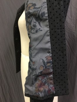 Womens, Blazer, NANETTE LEPORE, Charcoal Gray, Black, Wool, Synthetic, Heathered, Polka Dots, 4, Heathered Gray Wool Jacket Flocked in Black Polka Dots, 4 Black Flocked Buttons Center Front, Notched Lapel. Jacket Fitted Through Waist. Grey Lining with Muted Rose & Light Brown Floral Print