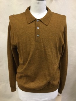 Mens, Pullover Sweater, ALFANI, Rust Orange, Turmeric Yellow, Wool, Heathered, L, 3 Buttons,  Polo