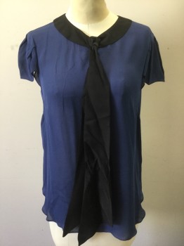 HOLMES & YANG, Navy Blue, Black, Silk, Solid, Navy Silk Chiffon with Black Round Neck with Self Tie Bow Detail, Cap Sleeves, Black Buttons Down Center Back