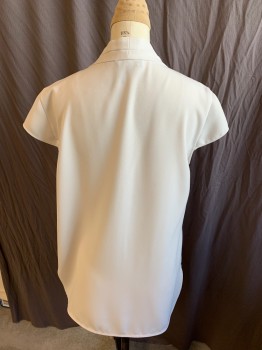 DKNY, Ecru, Polyester, Solid, 2 Top Stitch 2 Shoulder Pleat V-neck, Cap Sleeves, Uneven Curved Hem