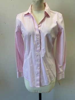 BROOKS BROTHERS, Pink, White, Cotton, Lycra, Stripes - Vertical , Long Sleeves, Button Front, Collar Attached,