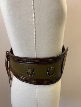 Unisex, Historical Fiction Belt, N/L MTO, Brown, Gold, Leather, Metallic/Metal, W:37+, 4-6 Inches Wide (Varies), Gold Scarab Beetles and Birds, Holes at Back Waist to Lace Up, Made To Order