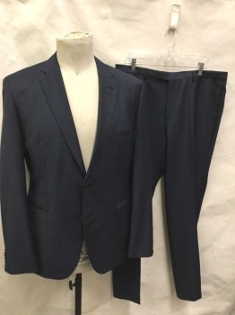 Mens, Suit, Jacket, HUGO BOSS, Navy Blue, Charcoal Gray, Wool, Grid , 44R, Single Breasted, Notched Lapel, 2 Buttons,  3 Pockets, Gray/White Grid Textured Lining