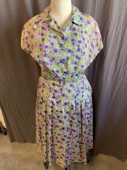 FOX 211, Off White, Purple, Lime Green, Baby Blue, Plum Purple, Polyester, Acetate, Floral, Collar Attached, Greyish-teal Blue Button Front, Cap Sleeves, 2 Pockets Front with SELF BELT & BUCKLE, Large Pleat Skirt, Turquoise Side Zip