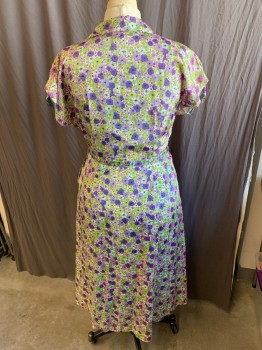 FOX 211, Off White, Purple, Lime Green, Baby Blue, Plum Purple, Polyester, Acetate, Floral, Collar Attached, Greyish-teal Blue Button Front, Cap Sleeves, 2 Pockets Front with SELF BELT & BUCKLE, Large Pleat Skirt, Turquoise Side Zip