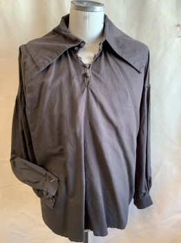 Mens, Historical Fiction Shirt, MTO, Brown, Cotton, Polyester, Solid, 40-42, (MULTIPLE) Split with Brown Button & Loops (2ND BUTTON is MISSING)  W/Large Caplet-like Collar Attached, Long Sleeves with 2 Brown Buttons & Loops, Side Split Hem Bottom