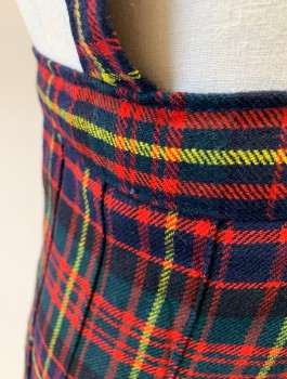 Childrens, Jumper, N/L, Navy Blue, Red, Yellow, Wool, Plaid, W:21, Above-Knee Skirt with Pleats, 2 Silver Buckles at Hip, 1" Wide Straps Attached That Cross in Back