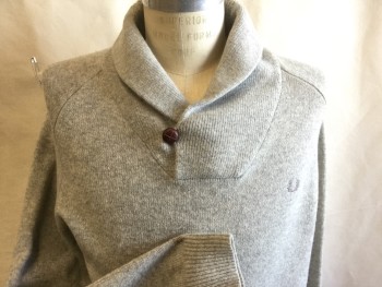 FRED PERRY, Lt Gray, Wool, Heathered, Interlock, 1 Button, Shawl Collar, Collar is Mix Zig Zag and Rib Knit,
