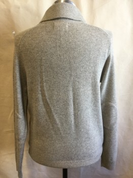 Mens, Pullover Sweater, FRED PERRY, Lt Gray, Wool, Heathered, M, Interlock, 1 Button, Shawl Collar, Collar is Mix Zig Zag and Rib Knit,